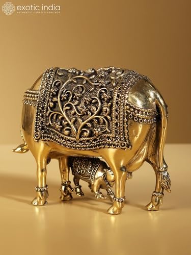 Exotic India Superfine Kamdhenu Cow Calf Brass Statue 1