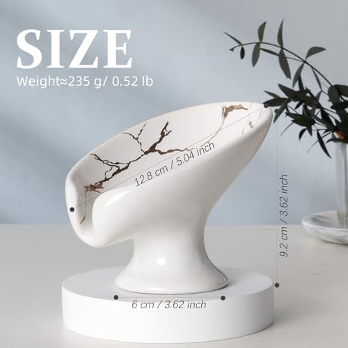 Self Draining Leaf Shape Ceramic Soap Dish with White Gold Marble Pattern