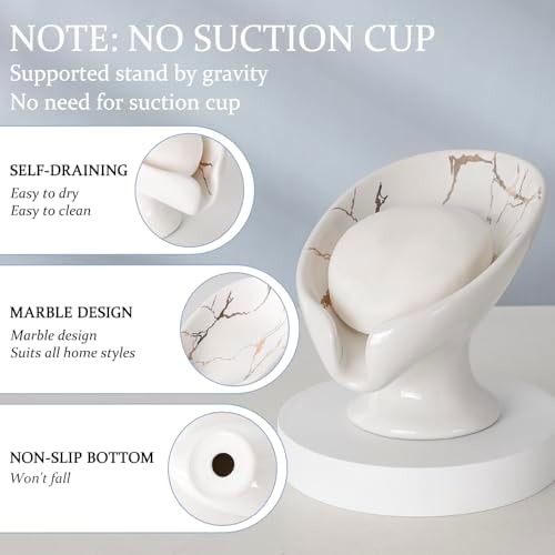 Self Draining Leaf Shape Ceramic Soap Dish with White Gold Marble Pattern