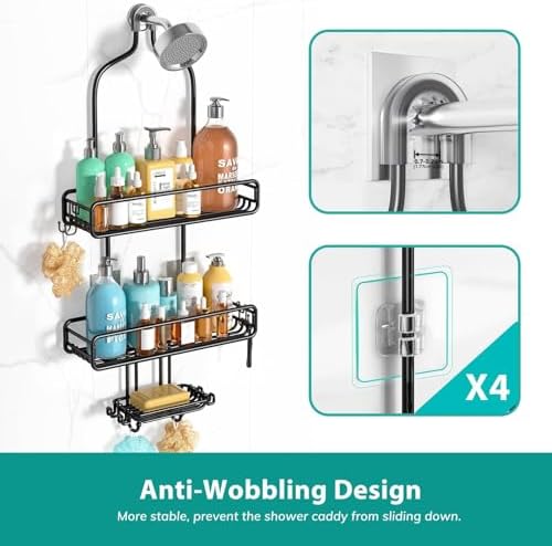 HAMITOR Adjustable Shower Caddy with 3-Tier Baskets and 4 Hooks - Black 1