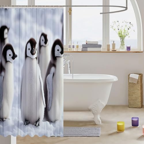 Penguin Shower Curtain Set For Boys 72x72 Inches With 12 Hooks