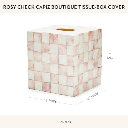 MACKENZIE-CHILDS Square Capiz Tissue Box Cover Rosy Check Pink and White
