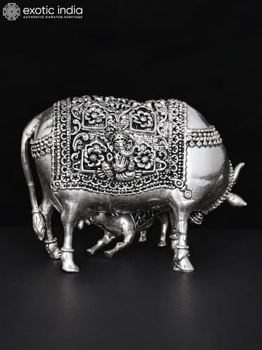 Exotic India Small Superfine Brass Kamdhenu Cow Statue with Lakshmi-Ganesha Carving