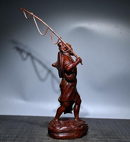 Handcrafted Boxwood Fisherman Statue Meditating Home Decor