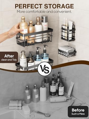 Cobbe 5-Pack Adhesive Shower Caddy with Soap Toothbrush Holder Black