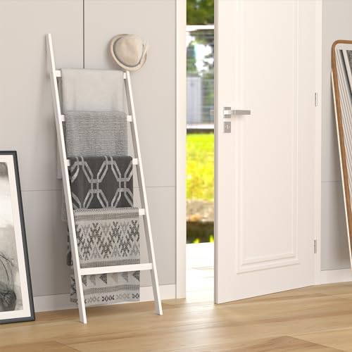 POXAKA 5-Tier Bamboo Blanket Ladder with White Lacquer