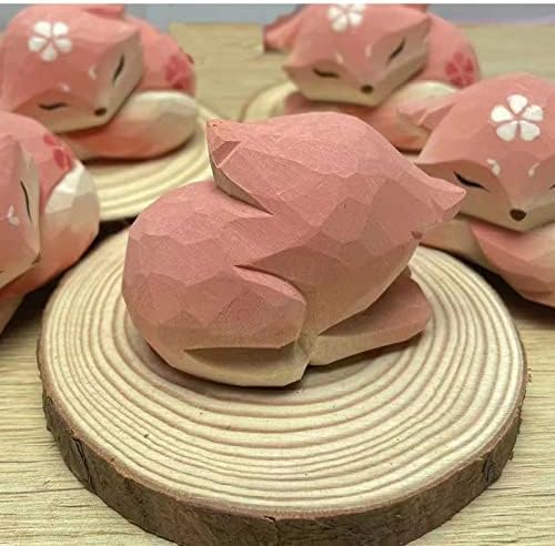 Pink Handmade Wooden Fox Statue Sculpture