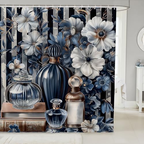 Erosebridal Blue Floral Bath Curtain with Stripe Design