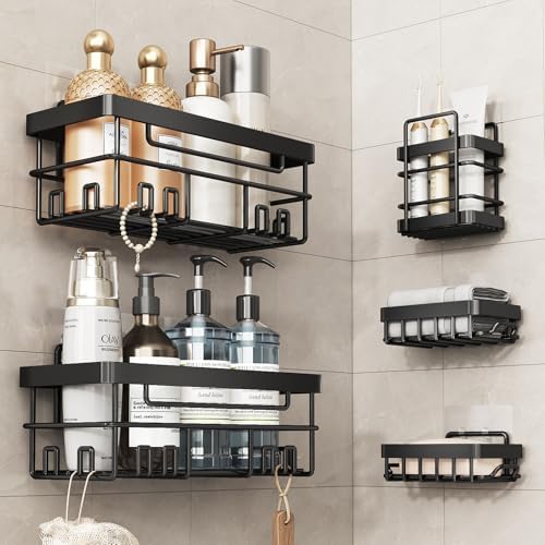 Cobbe 5-Pack Adhesive Shower Caddy with Soap Toothbrush Holder Black