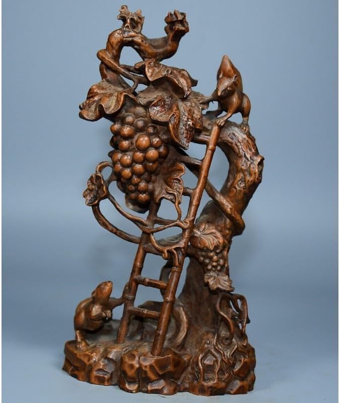 Handcrafted Boxwood Squirrel Ladder Grape Statue