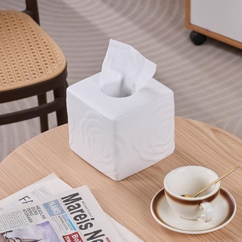 EtooCafe White Ceramic Rose Tissue Box Cover