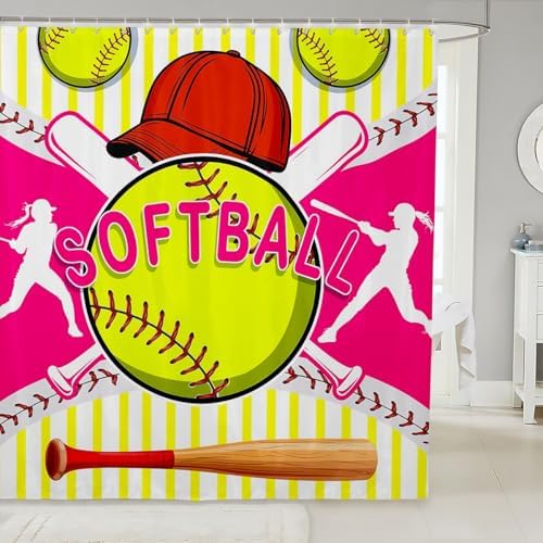 Erosebridal Softball Shower Curtain Set 72x84 Hot Pink Yellow Striped