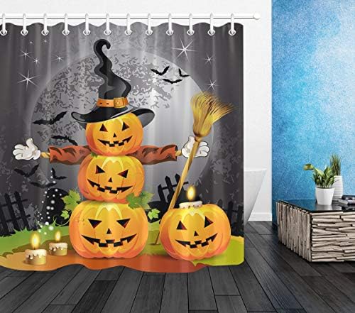 LB Halloween Pumpkin Magic Hat Ghost Broom Shower Curtain Set