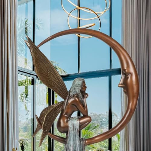 Bronze Fairy on Crescent Moon Sculpture - 157 Tall Art Decor