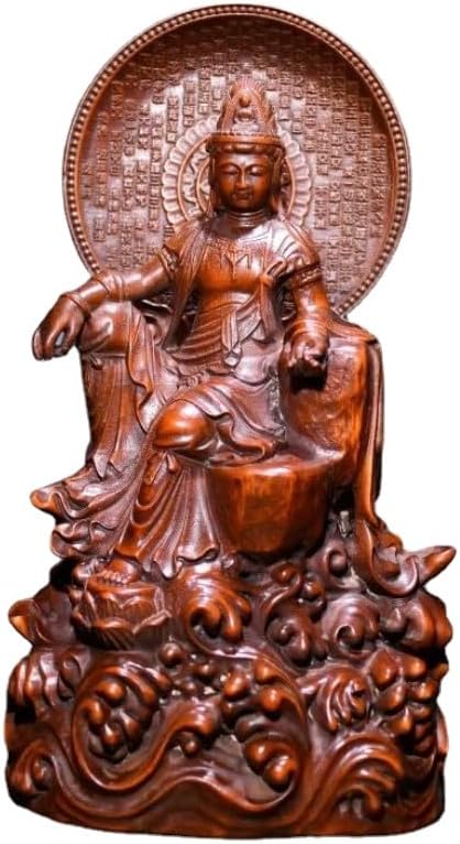 LimpaC Handmade Boxwood Guanyin Statue with Sea Wave Design
