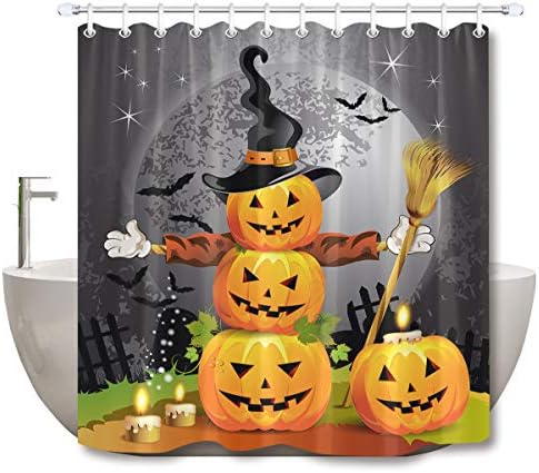LB Halloween Pumpkin Magic Hat Ghost Broom Shower Curtain Set
