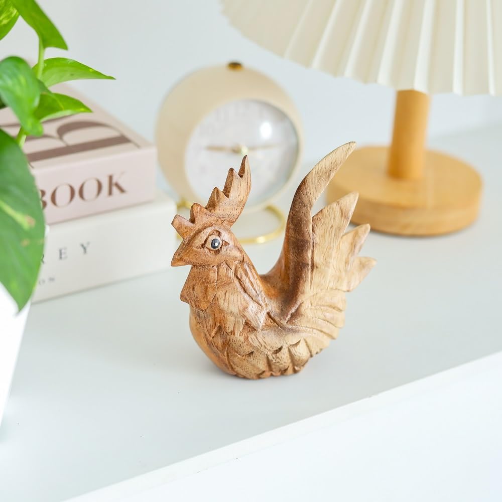 Thai Wooden Hand Carved Rooster Statue - Rustic Home Decor Accent