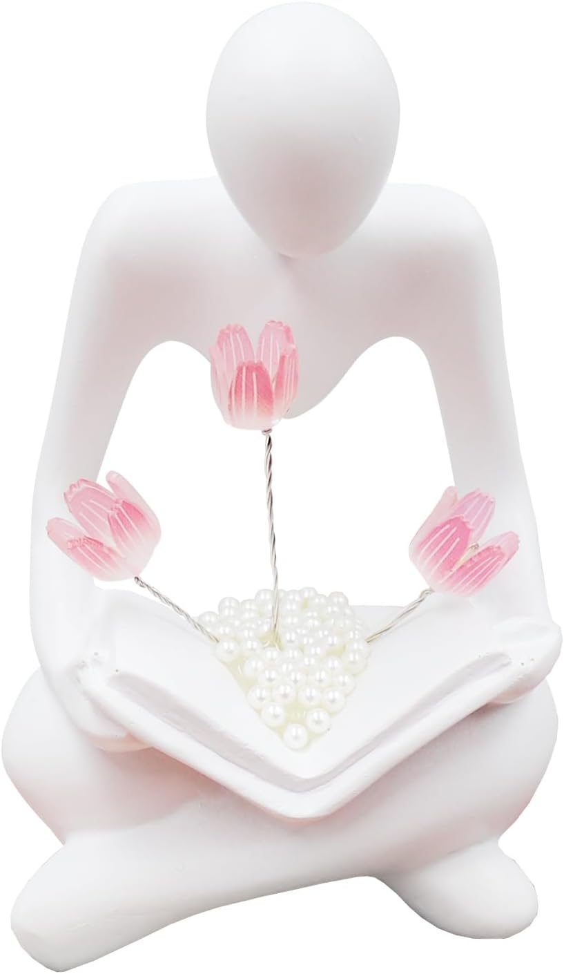 Reading Women Statue with Tulip Lamp Modern Thinker Sculpture Abstract Art Figurine