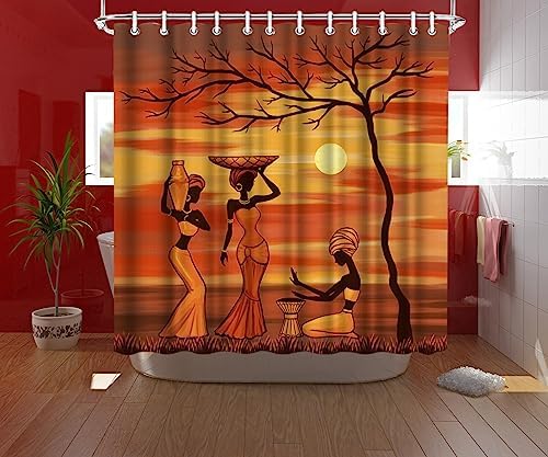 RnnJoile African Women Shower Curtain Set 72x72 Yellow Burnt Orange