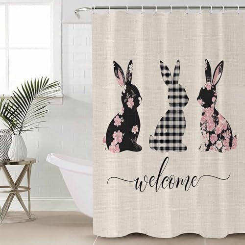CosyBright Shower Curtain Set with Hooks 72x72 Inch Black Buffalo Plaid Easter Rabbits