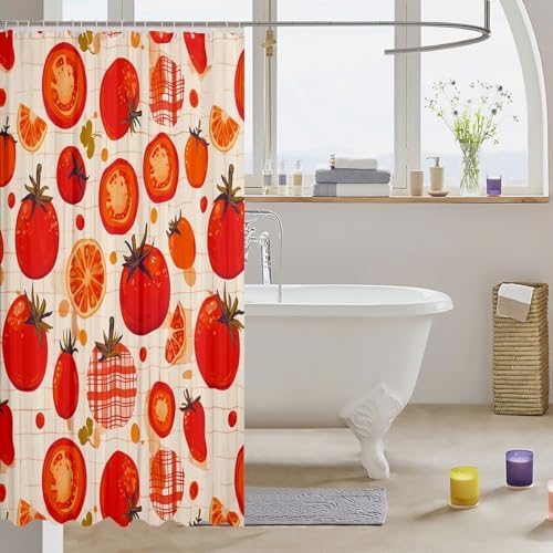 Erosebridal Waterproof Cartoon Tomato Shower Curtain 72x78 Red White Plaid