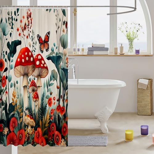 Erosebridal Mushroom Floral Shower Curtain Set