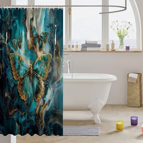 Erosebridal Gold Teal Marble Shower Curtain Set with 15 Hooks