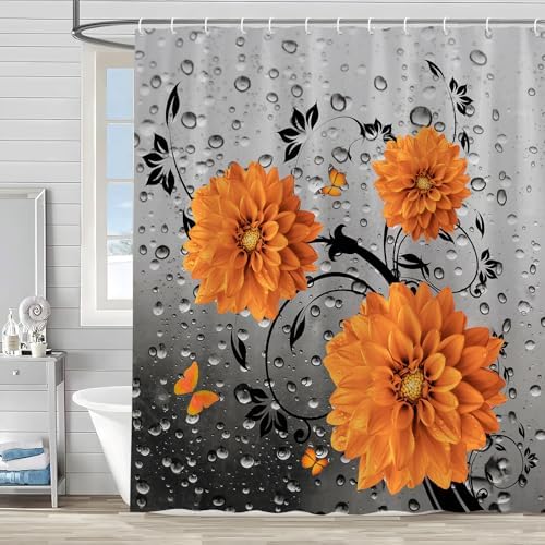 Grey Raindrop Floral Shower Curtain Set with Hooks 70x70 Inch