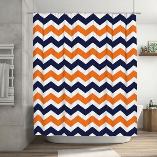 FUNNY KIDS HOME Navy Deep Blue Orange Chevron Shower Curtain Set
