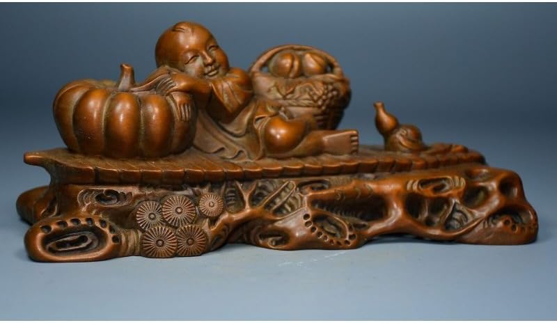 Handcrafted Boxwood Pumpkin Bottle Gourd Child Statue 1
