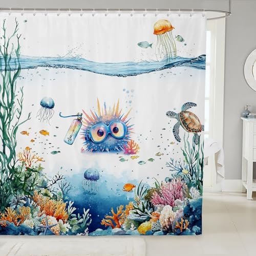 Funny Sea Urchin Shower Curtain Set with 12 Hooks