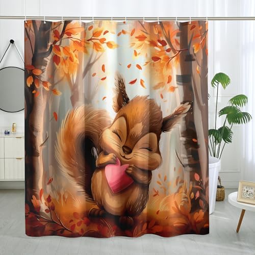 GDHBLING Fall Cartoon Squirrel Shower Curtain Set with Hooks