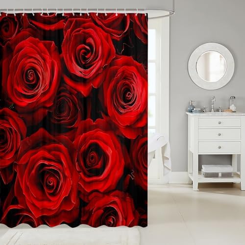 Red Rose Ombre Black Floral Shower Curtain Set 72x78