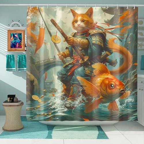 CDIWIDH Funny Cat Riding Fish Shower Curtain Set 4 Pcs 1