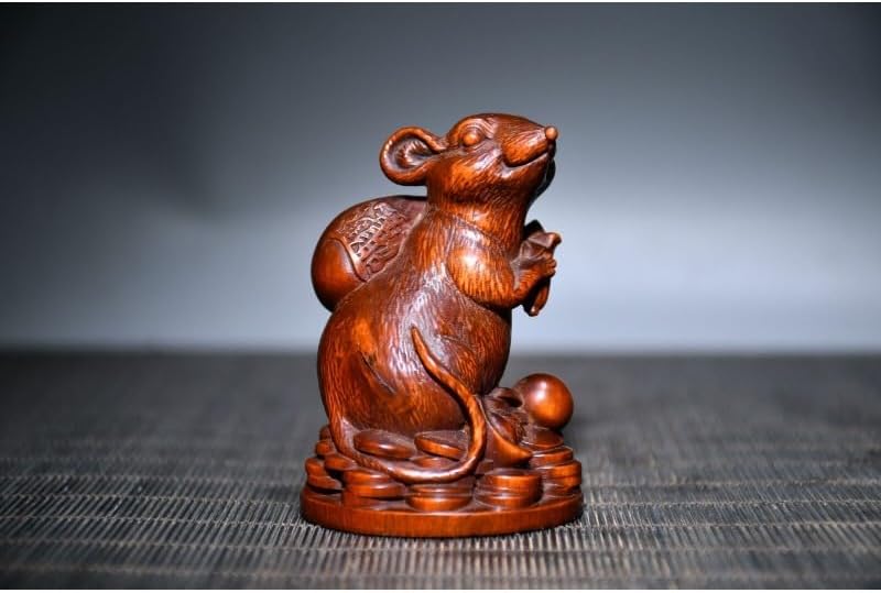 Handcrafted Boxwood Mouse Fengshui Statue Decor