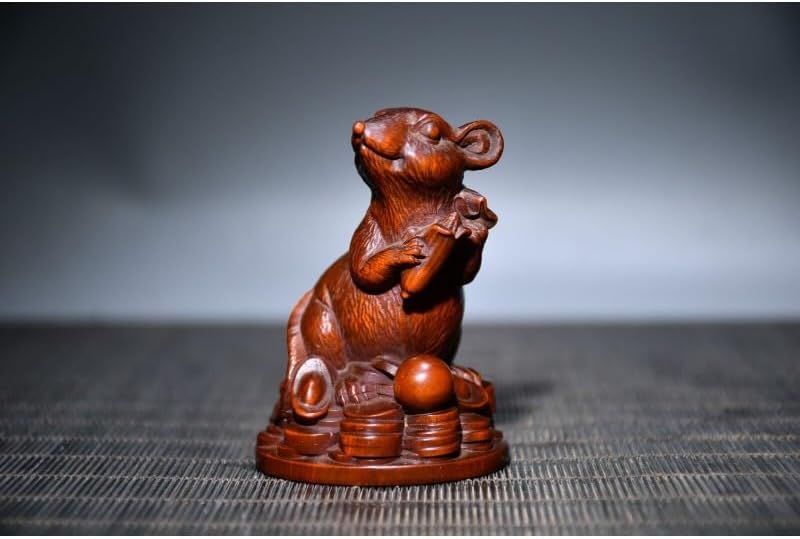 Handcrafted Boxwood Mouse Fengshui Statue Decor
