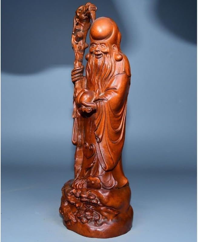 Boxwood Longevity God Peach Stand Handmade Statuette