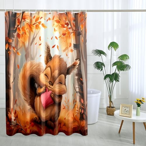 GDHBLING Fall Cartoon Squirrel Shower Curtain Set with Hooks