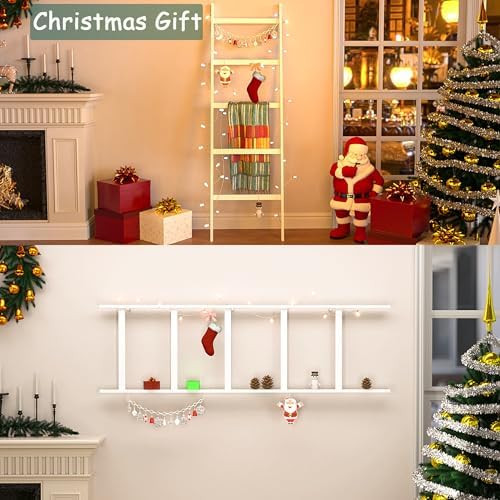 POXAKA 5-Tier Bamboo Blanket Ladder with White Lacquer