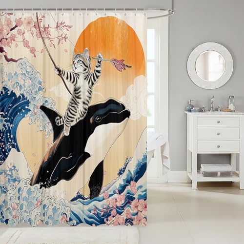 Funny Cat Shower Curtain with Cherry Blossoms Pattern