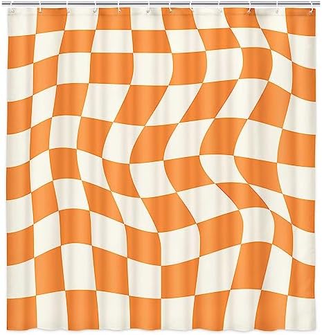 Boho Beige Checkerboard Shower Curtain with 12 Hooks 72x72in