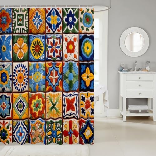 Erosebridal Mexican Talavera Tile Shower Curtain Set