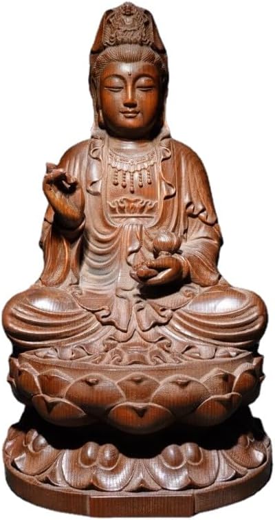 Handcrafted Boxwood Kwan-yin Sitting Lotus Statue