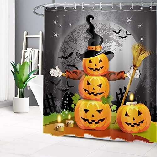LB Halloween Pumpkin Magic Hat Ghost Broom Shower Curtain Set