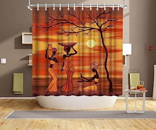 RnnJoile African Women Shower Curtain Set 72x72 Yellow Burnt Orange