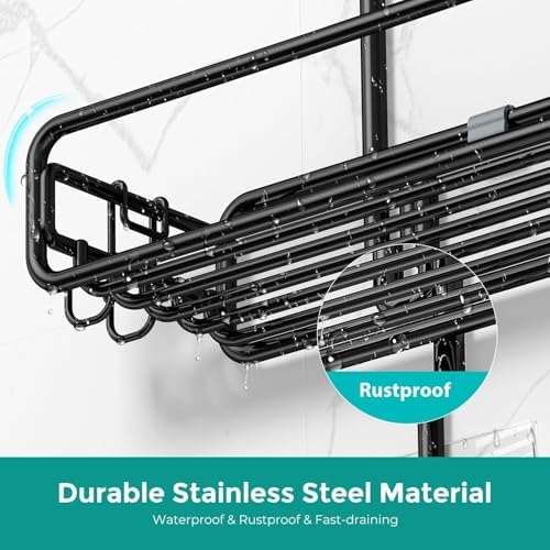 HAMITOR Adjustable Shower Caddy with 3-Tier Baskets and 4 Hooks - Black 1