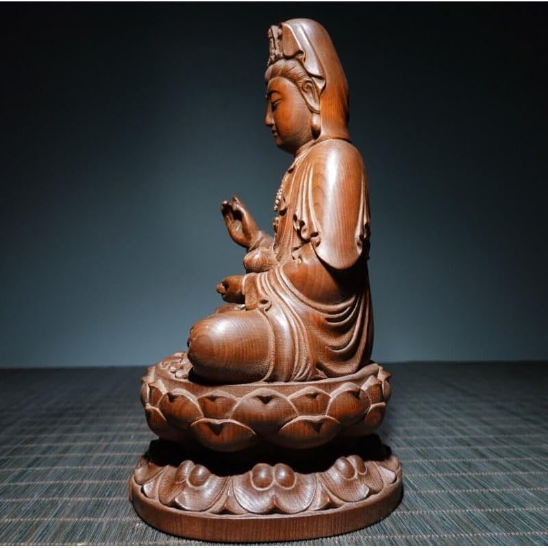 Handcrafted Boxwood Kwan-yin Sitting Lotus Statue