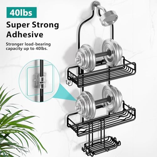 HAMITOR Adjustable Shower Caddy with 3-Tier Baskets and 4 Hooks - Black 1