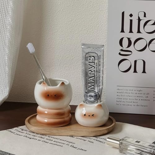 Ceramic Toothbrush Cup Holder - Cute Cat Shape White