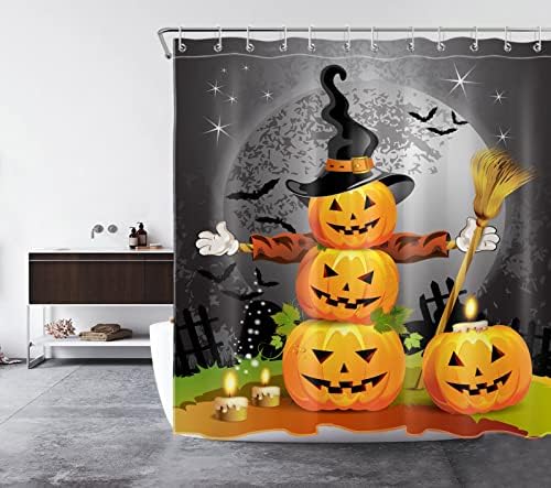 LB Halloween Pumpkin Magic Hat Ghost Broom Shower Curtain Set